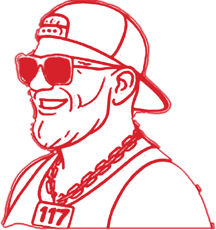 Onkel Dave: Maskottchen mit Cap, roter Sonnenbrille und Kette mit der Nummer 117